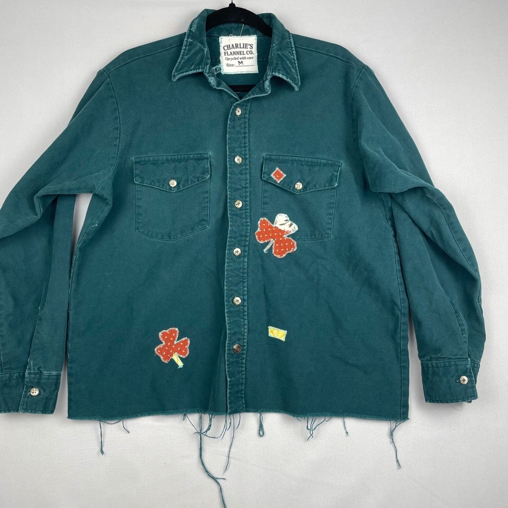 Charlies Flannel Co Upcycled Patchwork Embroidered Raw Hem Shirt Teal Green M